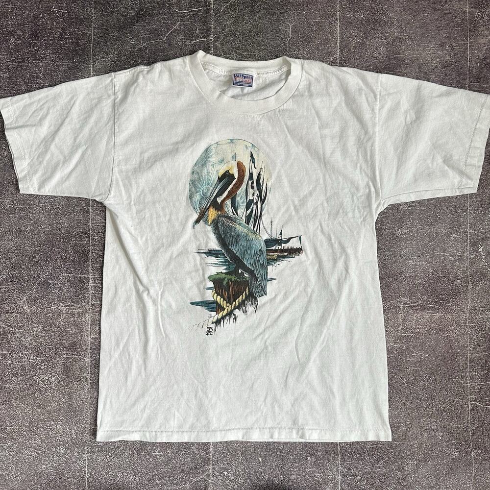 Men's Vintage 90's AllSport Pelican Sailboat Moon Graphic White T Shirt Tee Sz L